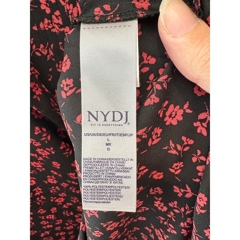 NYDJ Black Red Floral Split Neck Blouse 3/4 Sleeve Pleated Top Office Large - Picture 7 of 7